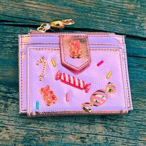Betsey Johnson Kitsch Candy Bifold Wallet Pink Metallic Candy Gummy Bears Charms